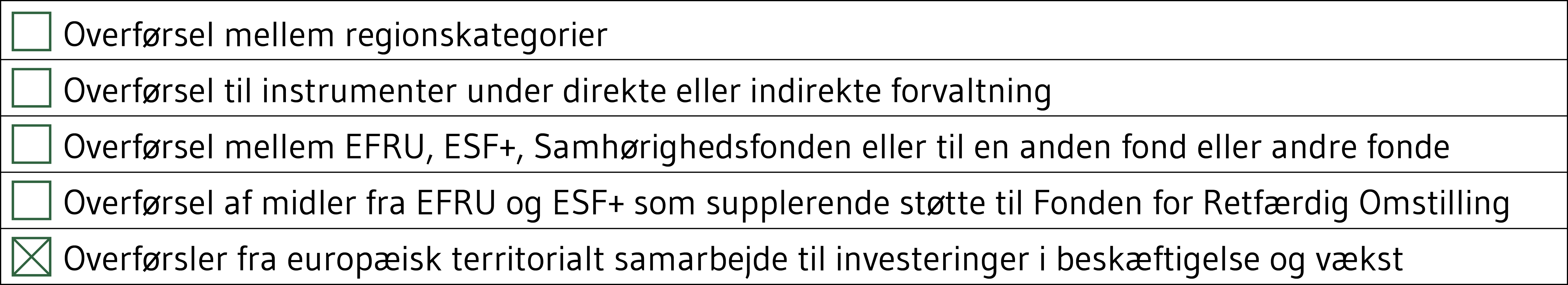 Billede med afkrydsningsbokse. Der er sat kryds i boks 5 - overførsler fra europæisk territorialt samarbejde