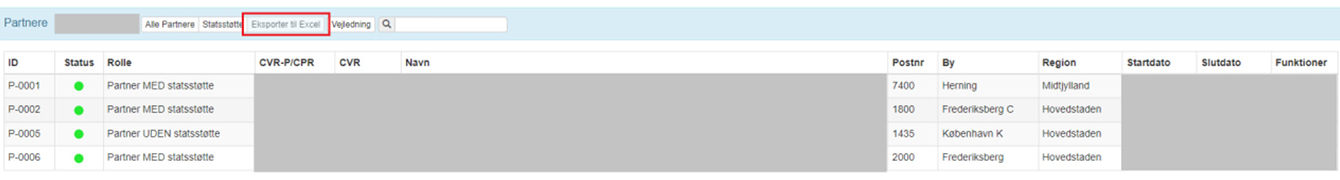 Screendump der viser man skal klikke på eksporter til Excel