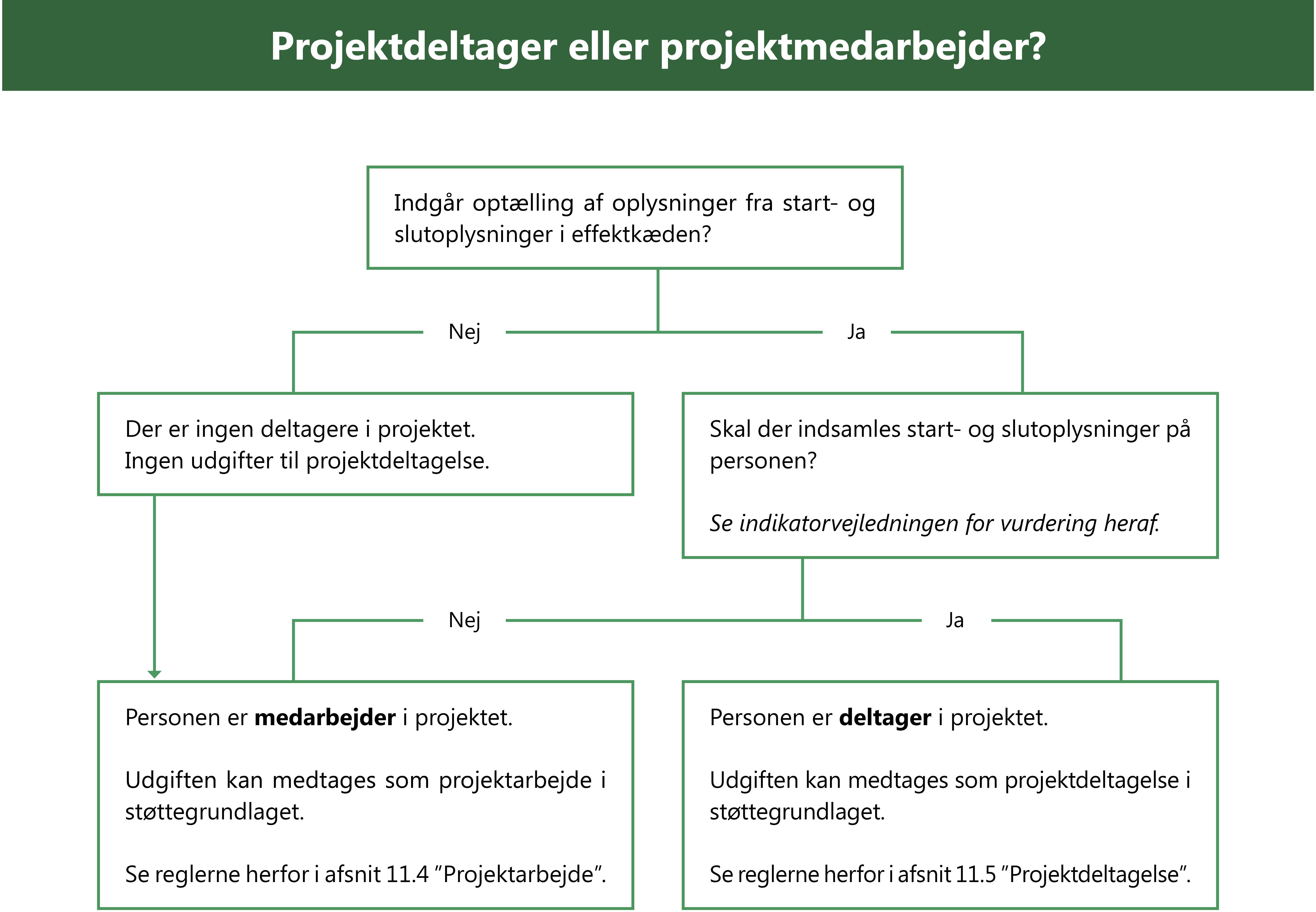 Grafisk beslutningstræ - projektmedarbejder eller projektdeltager. Kontakt Erhvervsstyrelsen for oplæsning.